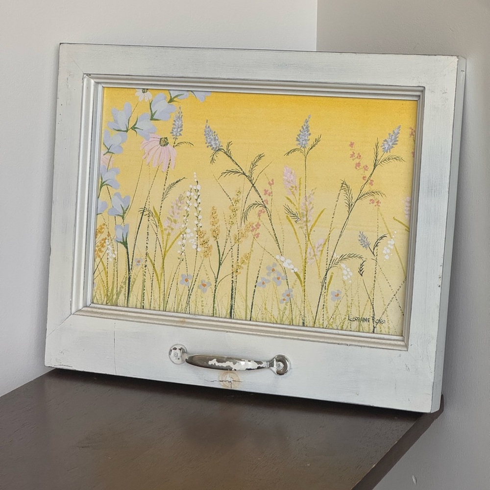 VINTAGE ART Floral Meadow Framed Art Print in Yellow and Pastel Tones